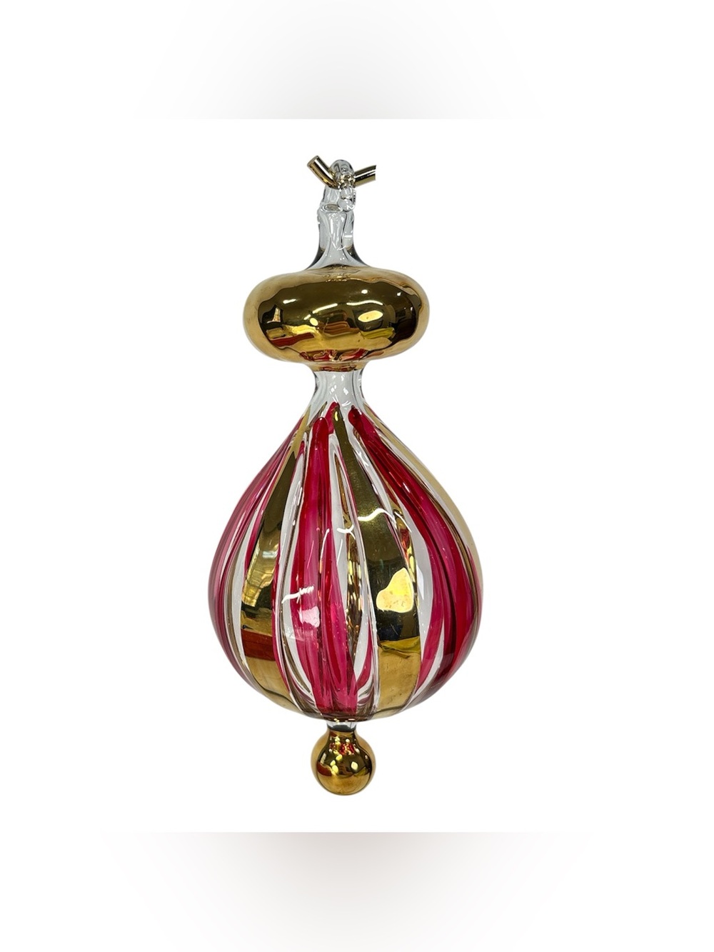 Vintage Egyptian 7" Glass Finial Christmas Ornament Gold Pink Stripes Teardrop